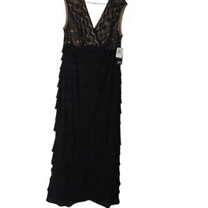 Adrianna Papell Black Lace and Shutter Pleat Maxi Gown Nude Underlay Bodice 14W